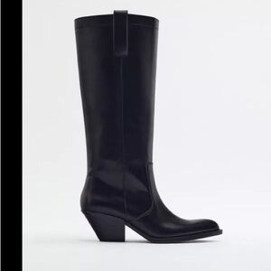 Zara Black Knee-High Western Heeled Boots